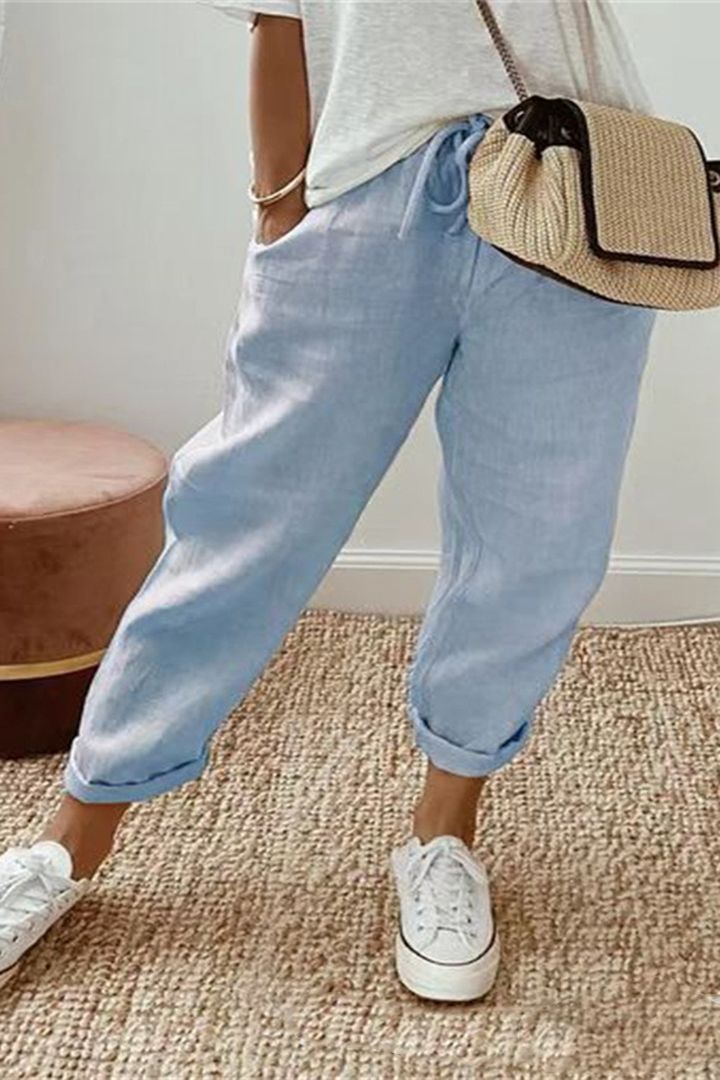 Ženske hlače za prosti čas iz bombaža in lanu, po želji večbarvne