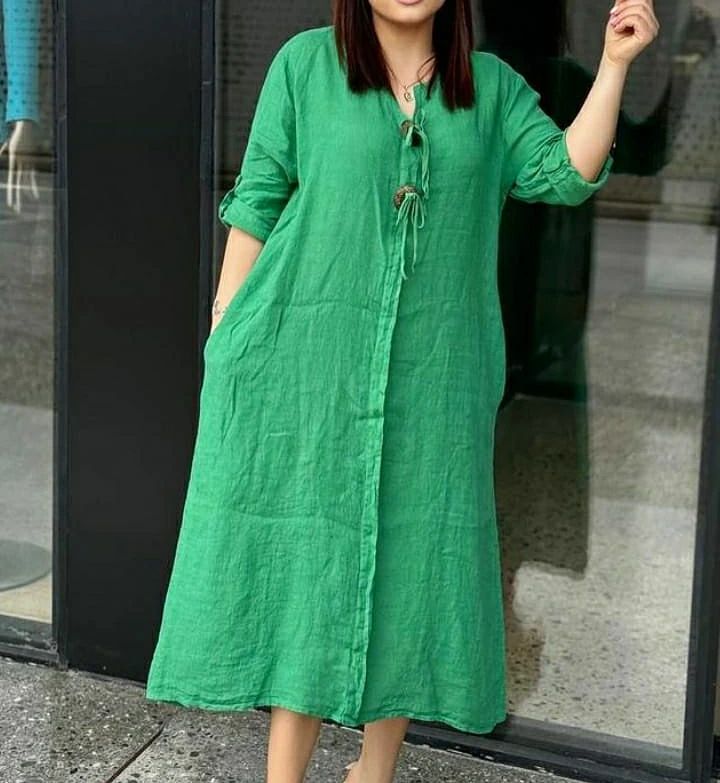 💖👗【S-5XL】Bombažna in lanena obleka za prosti čas z V-izrezom