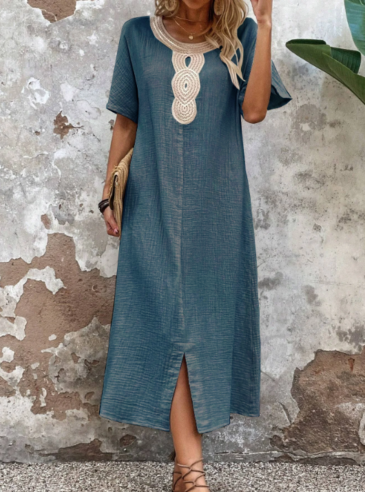【S-3XL】Enobarvna bombažna in lanena obleka z okroglim izrezom in vezenino