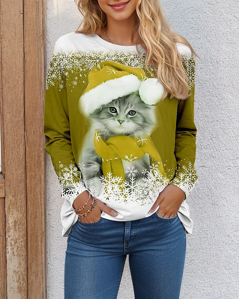 šćS-8XLćDolg rokav BožiÄna maÄka 3D tiskana majica