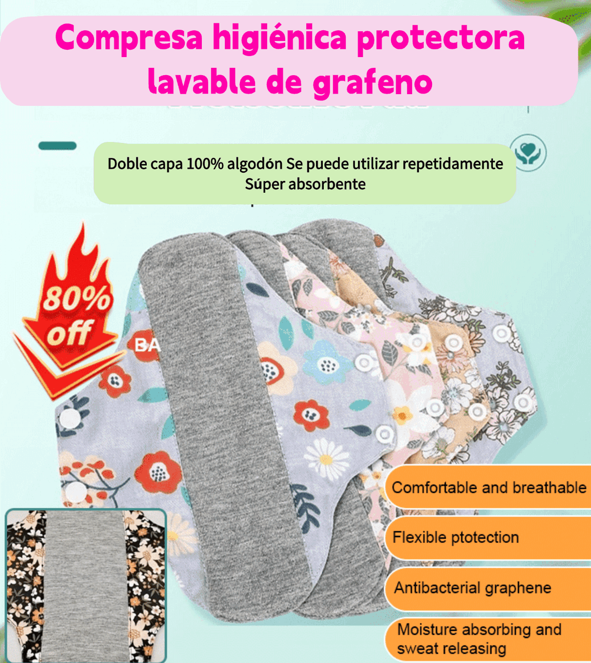 🔥🌈Almohadilla antibacteriana de algodón y grafeno lavable