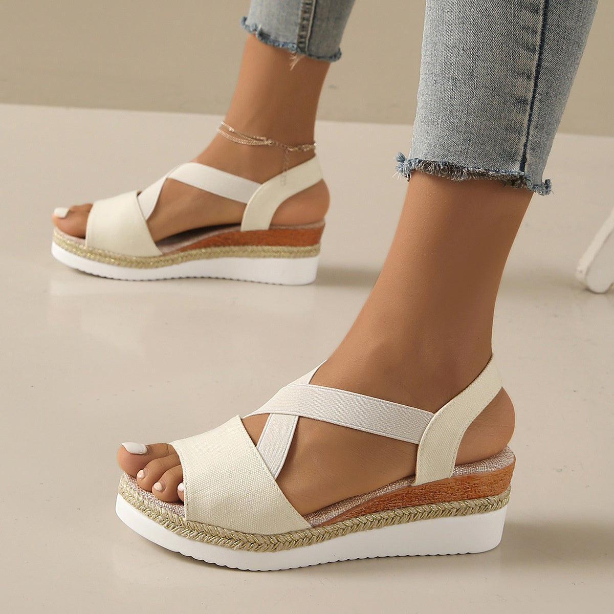 Letnie nowe buty damskie w dużych rozmiarach, elastyczne, odkryte palce, sandały na platformie i koturnie