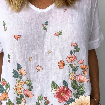 💐🌈T-shirt z krótkim rękawem i bawełnianą lnianą nadrukiem w kwiaty