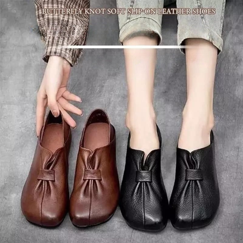 👡【35-42】Lato 2025 nowe miękkie buty wsuwane z kokardą, wysokiej jakości skóra bydlęca, proste i wyrafinowane