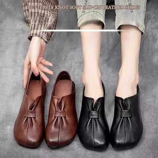 👡【35-42】Lato 2025 nowe miękkie buty wsuwane z kokardą, wysokiej jakości skóra bydlęca, proste i wyrafinowane