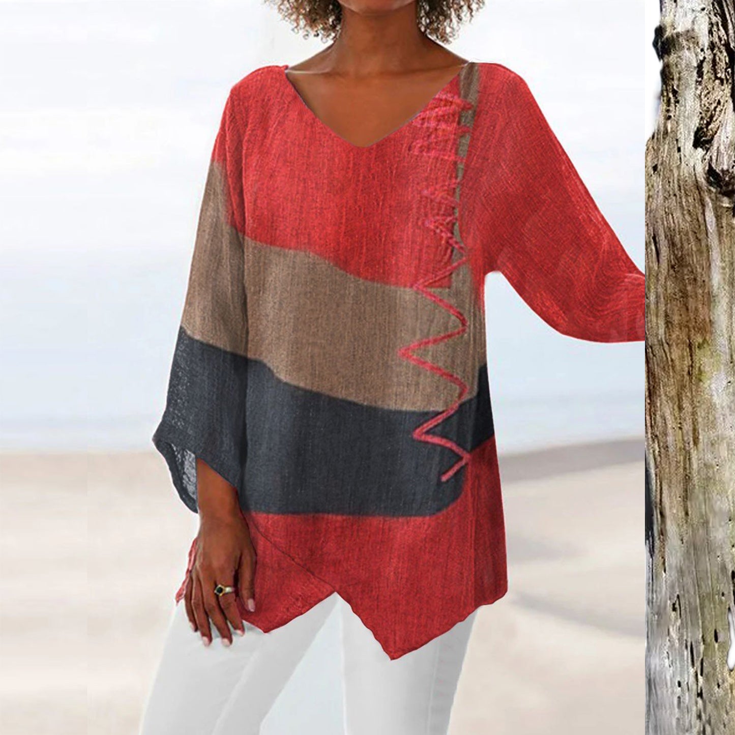 ⏳ Zadnji dan – 50% popust 😍【S~5XL】Ženski eleganten casual top: V-izrez, dolgi rokavi, umetniški vzorec