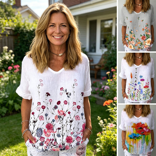 💐🌈T-shirt z krótkim rękawem i bawełnianą lnianą nadrukiem w kwiaty