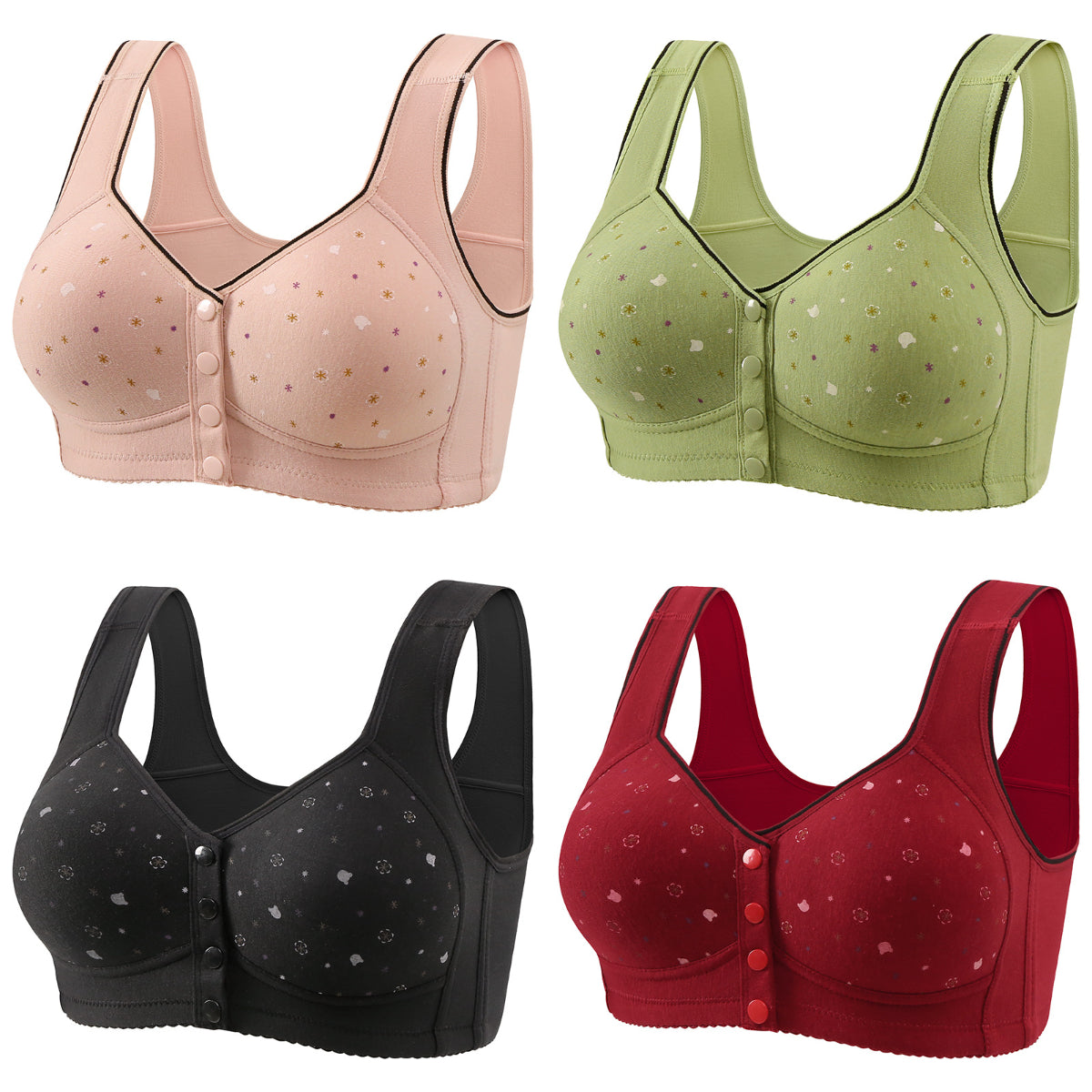 😍【Paket 4 kosov】Ženski brezžični modrček z gumbom spredaj 【40-120kg】❤️Bumbac naravni antibakterijski udoben udoben