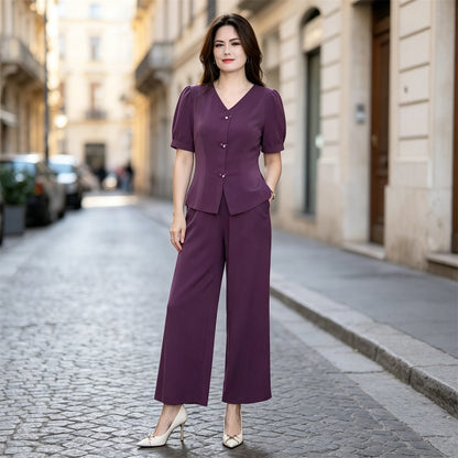 🌸【Koszulka + szerokie spodnie】Nowoczesny zestaw retro wykonany z fajnego materiału jedwabnego — fajny, stylowy i super wygodny ✨