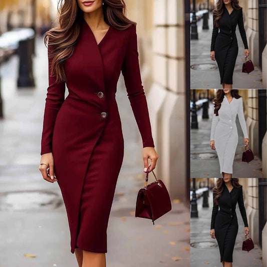 【50 % POPUSTA】Nova elegantna obleka z dolgimi rokavi in gumbi za leto 2025