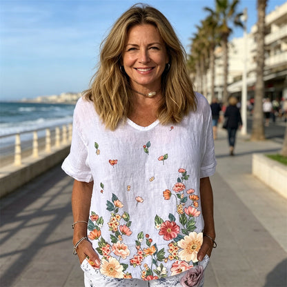 💐🌈T-shirt z krótkim rękawem i bawełnianą lnianą nadrukiem w kwiaty