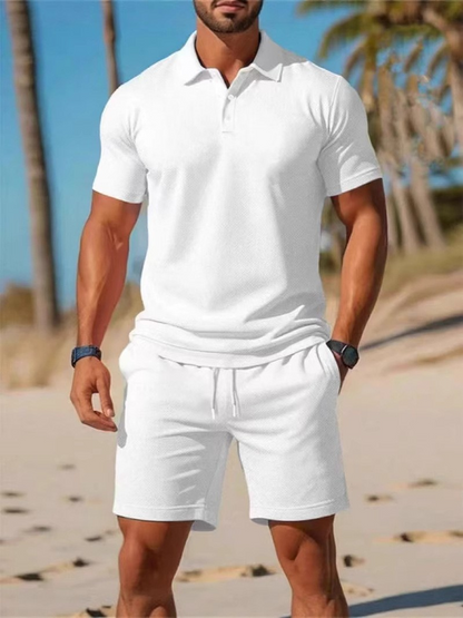 【S~3XL】Męski komplet składający się z koszuli z krótkim rękawem i spodenek, idealny na nieformalne wakacje.