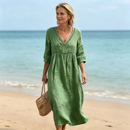 👗【S-3XL】Letnia modna bawełniano-lniana sukienka z dekoltem w serek, oddychająca, wygodna i wyszczuplająca