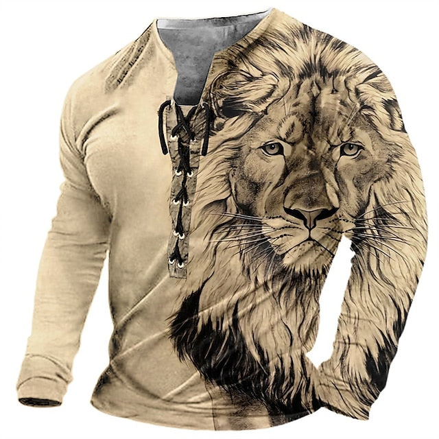 🦁🦁【S-4XL】 Moška 3D natisnjena casual levja majica Dolgi rokavi za udobje