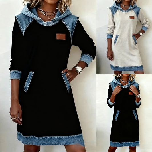 🔥50%OFF🌷🌞Zimní novinka Módní džínové patchworkové šaty s kapucí