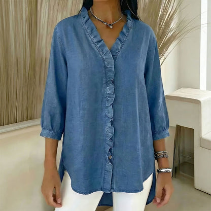 👚💥Gorąca wyprzedaż 49% taniej! [Rozmiary S-3XL] Francuska, retro, damska, casualowa koszula dżinsowa z dekoltem w serek i falbanką – bardzo miękka