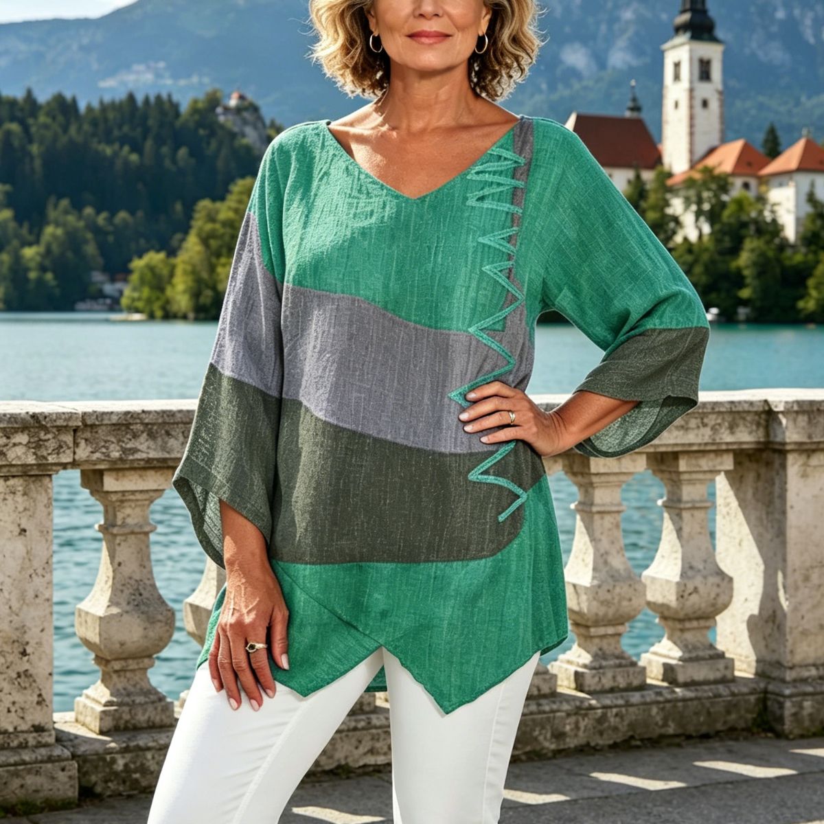 ⏳ Zadnji dan – 50% popust 😍【S~5XL】Ženski eleganten casual top: V-izrez, dolgi rokavi, umetniški vzorec