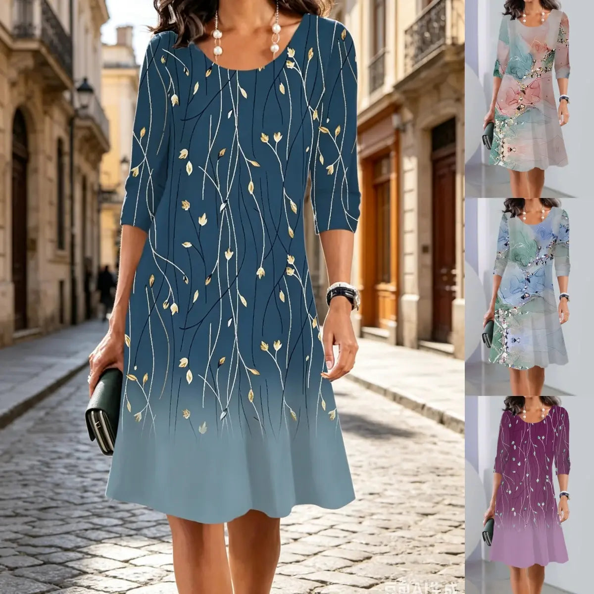 ✨【Wiosna 2026】Sukienka midi z krótkim rękawem, motyw jesienny, dekolt okrągły, rozmiary EU S-3XL