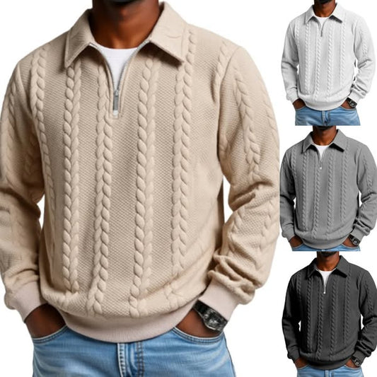 👔Męski sweter z żakardowym kołnierzykiem, swobodny, dzianinowy, z długim rękawem