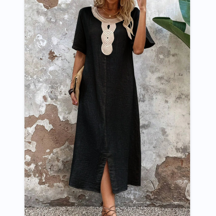【S-3XL】Enobarvna bombažna in lanena obleka z okroglim izrezom in vezenino