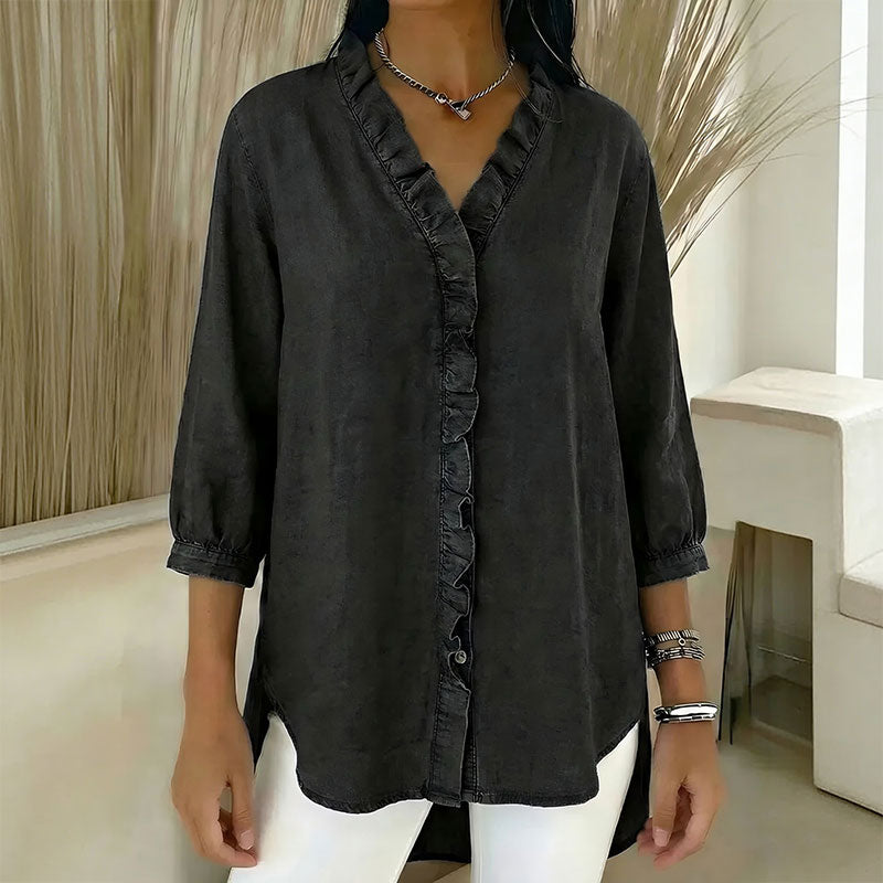 👚💥Gorąca wyprzedaż 49% taniej! [Rozmiary S-3XL] Francuska, retro, damska, casualowa koszula dżinsowa z dekoltem w serek i falbanką – bardzo miękka