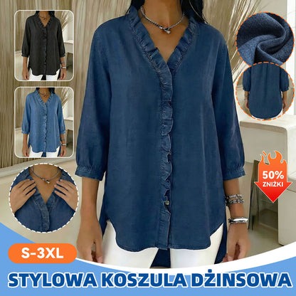 👚💥Gorąca wyprzedaż 49% taniej! [Rozmiary S-3XL] Francuska, retro, damska, casualowa koszula dżinsowa z dekoltem w serek i falbanką – bardzo miękka