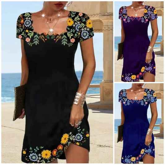 2025 Poletna obleka s kratkimi rokavi in ovratnikom s potiskom valov