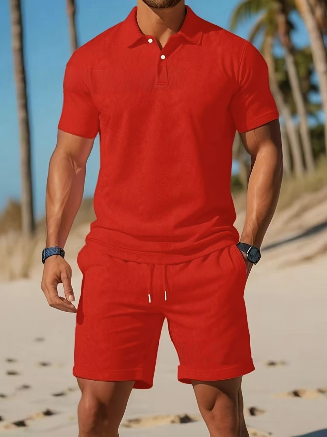 【S~3XL】Męski komplet składający się z koszuli z krótkim rękawem i spodenek, idealny na nieformalne wakacje.