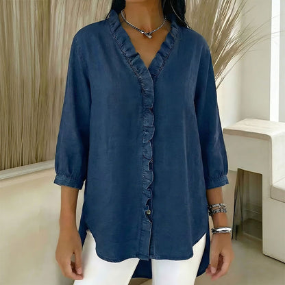👚💥Gorąca wyprzedaż 49% taniej! [Rozmiary S-3XL] Francuska, retro, damska, casualowa koszula dżinsowa z dekoltem w serek i falbanką – bardzo miękka