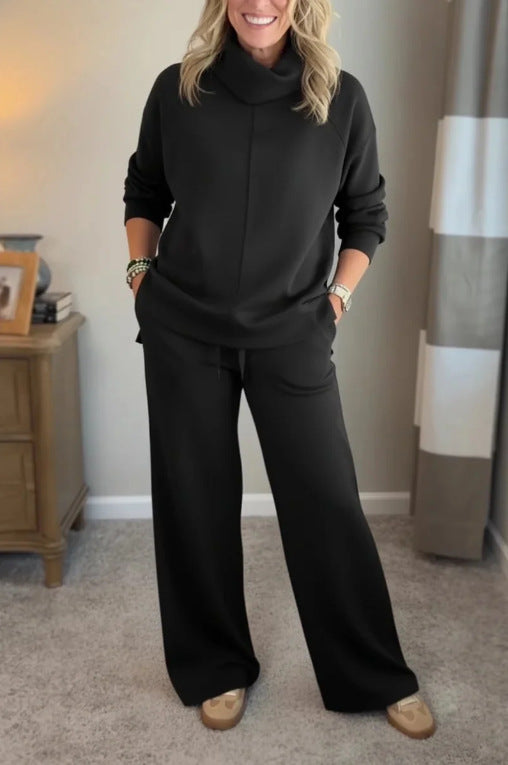 🍂🐏Új téli, kiváló minőségű női lezser szett, minimalista magas gallérú pulóver + egyenes szabású lezser nadrág🔥