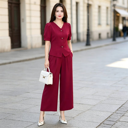 🌸【Koszulka + szerokie spodnie】Nowoczesny zestaw retro wykonany z fajnego materiału jedwabnego — fajny, stylowy i super wygodny ✨