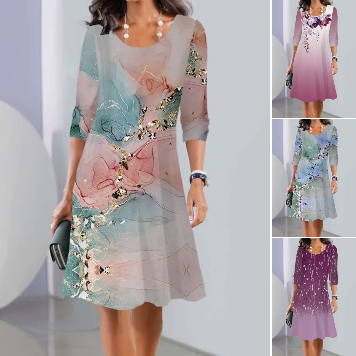 【Wiosna 2025】Sukienka midi z krótkim rękawem, motyw jesienny, dekolt okrągły, rozmiary EU S-3XL