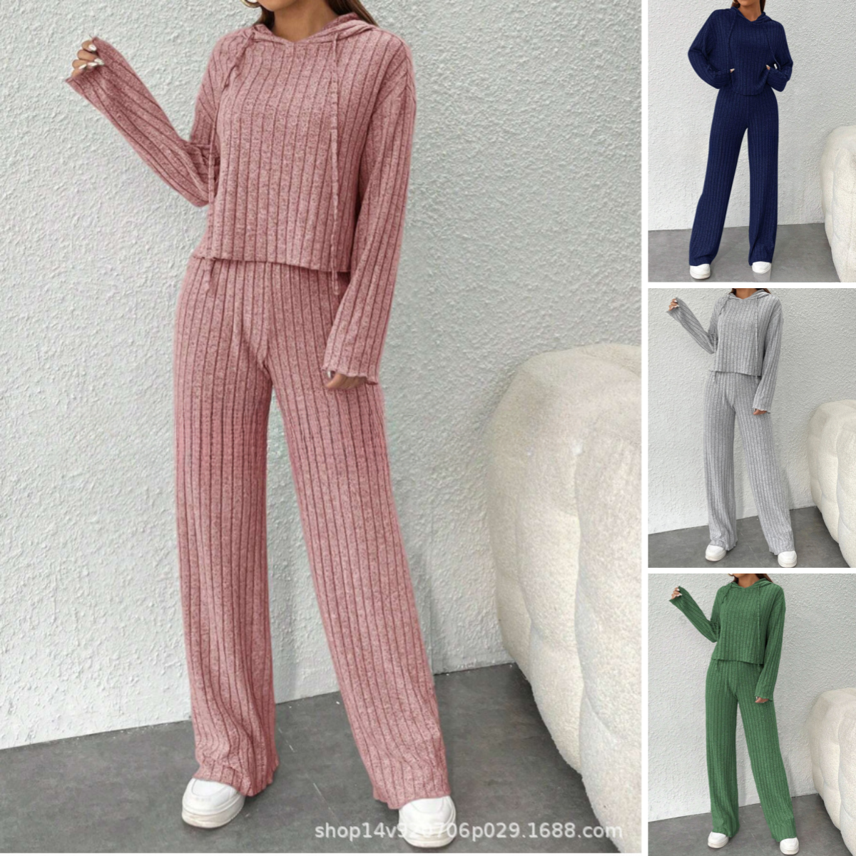 📢📢50% popust!!! 😍Ženski pleteni top s kapuco in široke hlače iz dveh delov