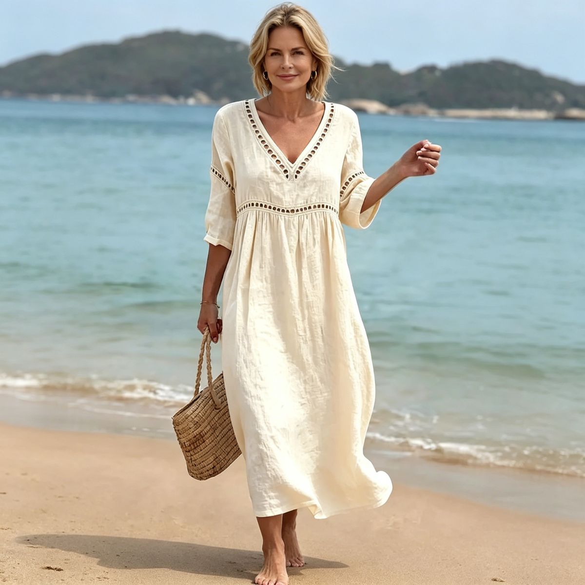 👗【S-3XL】Letnia modna bawełniano-lniana sukienka z dekoltem w serek, oddychająca, wygodna i wyszczuplająca
