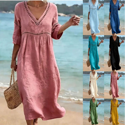 👗【S-3XL】Letnia modna bawełniano-lniana sukienka z dekoltem w serek, oddychająca, wygodna i wyszczuplająca
