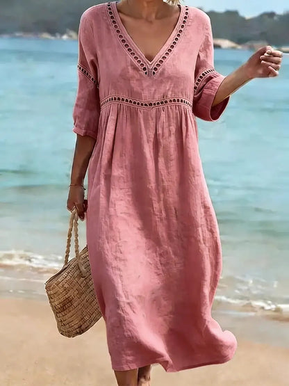 👗【S-3XL】Letnia modna bawełniano-lniana sukienka z dekoltem w serek, oddychająca, wygodna i wyszczuplająca