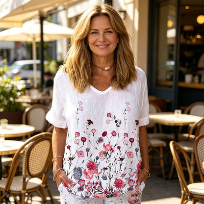 💐🌈T-shirt z krótkim rękawem i bawełnianą lnianą nadrukiem w kwiaty