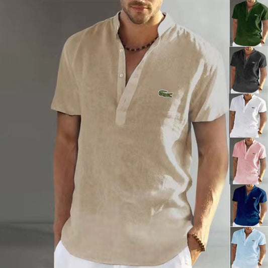 🛍️【S-4XL】2024 Moška polo majica za prosti čas iz bombaža in lanu, enobarvna