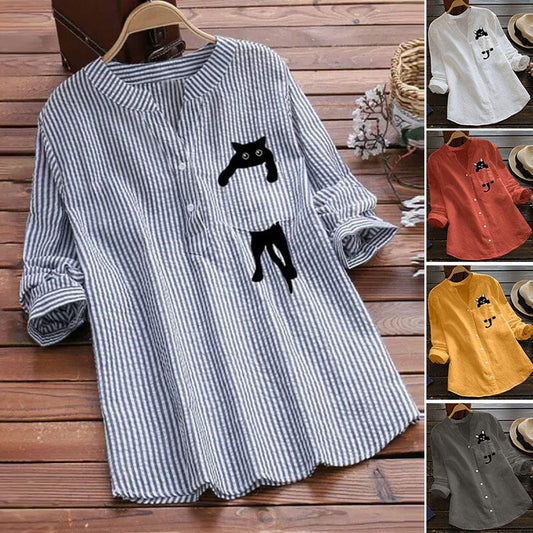 ✨🌈【Lato w nowym stylu🔥】【S-3XL】Koszula z bawełny z nadrukiem kota i dekoltem w serek, letnia, nowa w 2025 roku