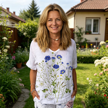 💐🌈T-shirt z krótkim rękawem i bawełnianą lnianą nadrukiem w kwiaty