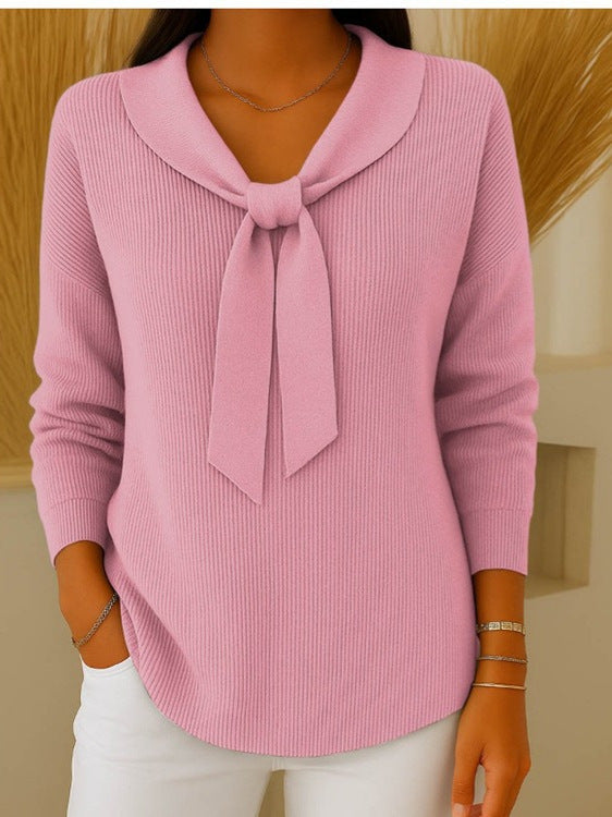 【S-2XL】Sweter damski w jednolitym kolorze z wiązaniem i długim rękawem, swobodny i luźny