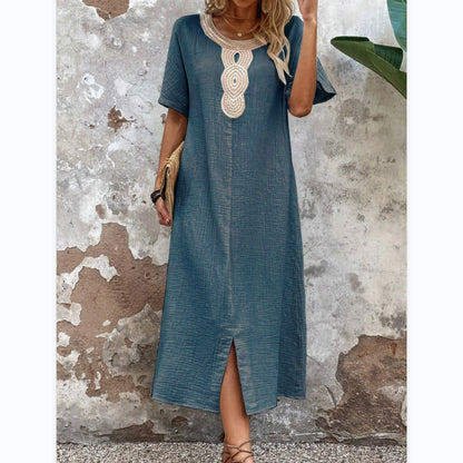 【S-3XL】Enobarvna bombažna in lanena obleka z okroglim izrezom in vezenino