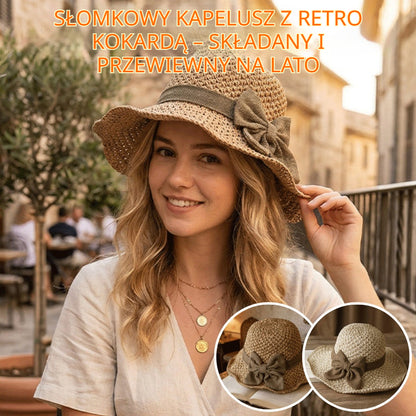 🎀🎀 Obniżka o 50% 👒 | Słomkowy kapelusz z retro kokardą – składany i przewiewny na lato