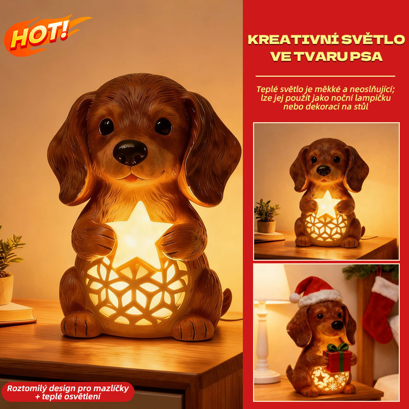 🎄🐶💡Karácsonyi fény kutya szobor, karácsonyi kalap dísz, világító ajándékdoboz, gyantából készült karácsonyi ajándék