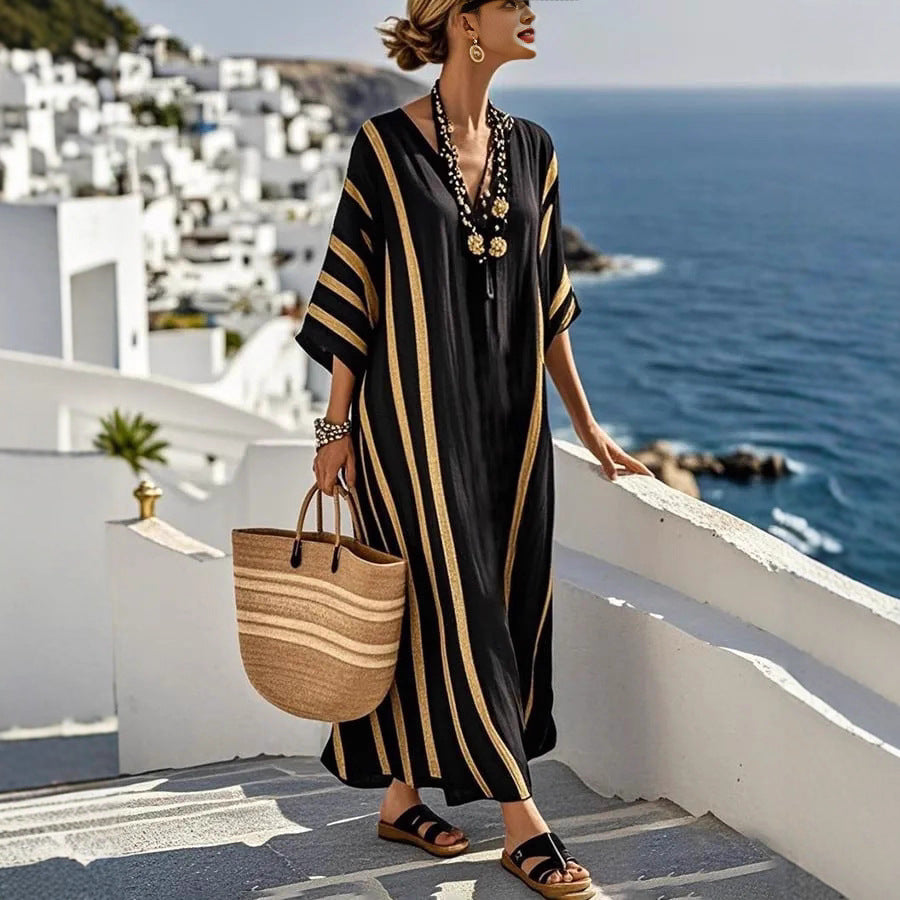 【S-5XL】Pamut és lenvászon rugalmas ruha, alkalmas nyaralásra