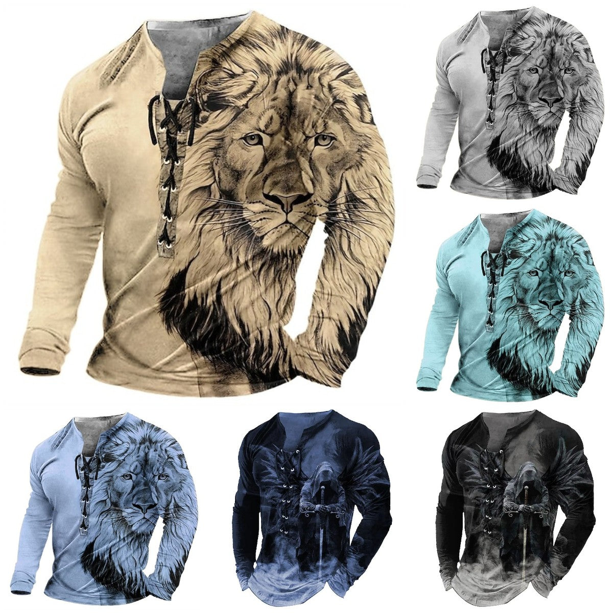 🦁🦁【S-4XL】 Moška 3D natisnjena casual levja majica Dolgi rokavi za udobje