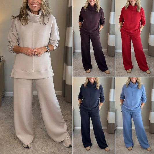 🍂🐏Új téli, kiváló minőségű női lezser szett, minimalista magas gallérú pulóver + egyenes szabású lezser nadrág🔥