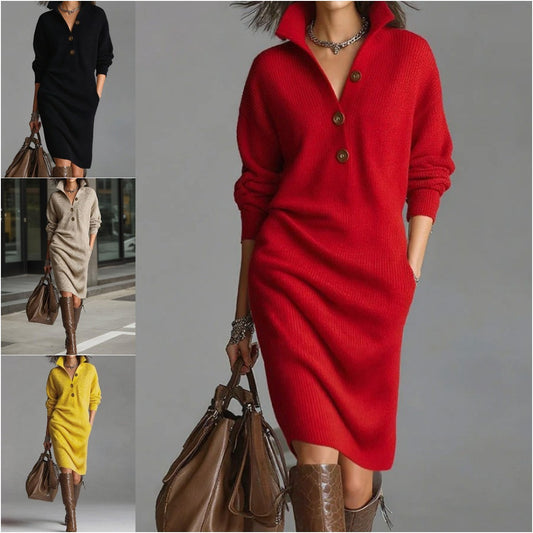 🔥【Tallas S-3XL】✨🎉Nuevo vestido de punto con solapa, estilo europeo y americano