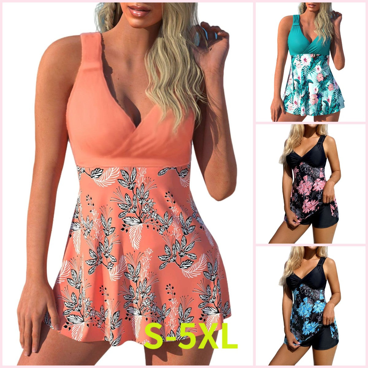 🌴🏖️【Utolsó nap – 50% kedvezmény🔥】【S-5XL】Új, nagy méretű mintás fürdőruha szett rövidnadrággal, hátsó hasítékkal, gyorsan száradó anyagból
