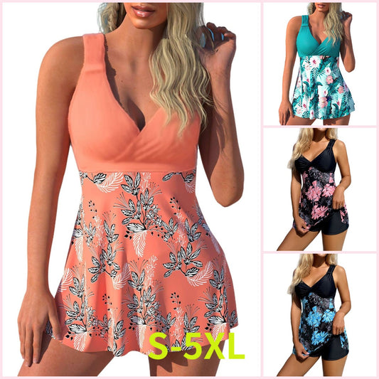 🌴🏖️【Utolsó nap – 50% kedvezmény🔥】【S-5XL】Új, nagy méretű mintás fürdőruha szett rövidnadrággal, hátsó hasítékkal, gyorsan száradó anyagból